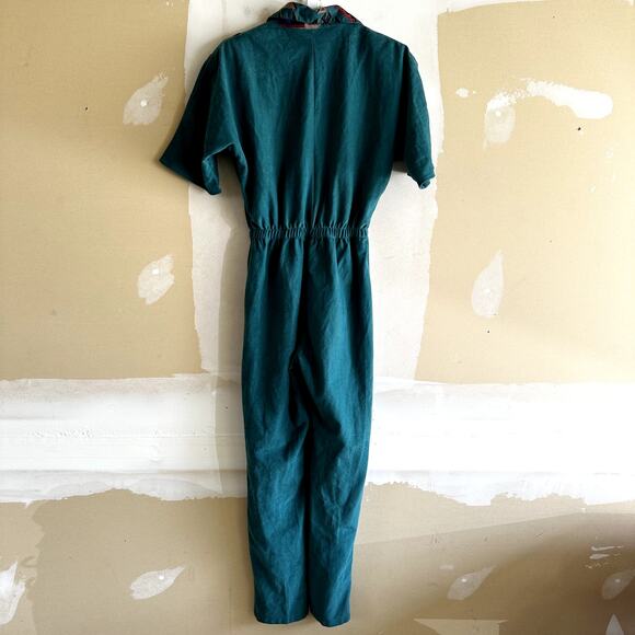 VTG Dee California Totally 80s Jumpsuit Short Sleeve Gold Button Front Teal L - Picture 6 of 6